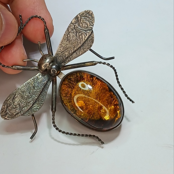 Vintage Amber Sterling Silver Bug Insect Brooch Pin - Picture 5 of 13